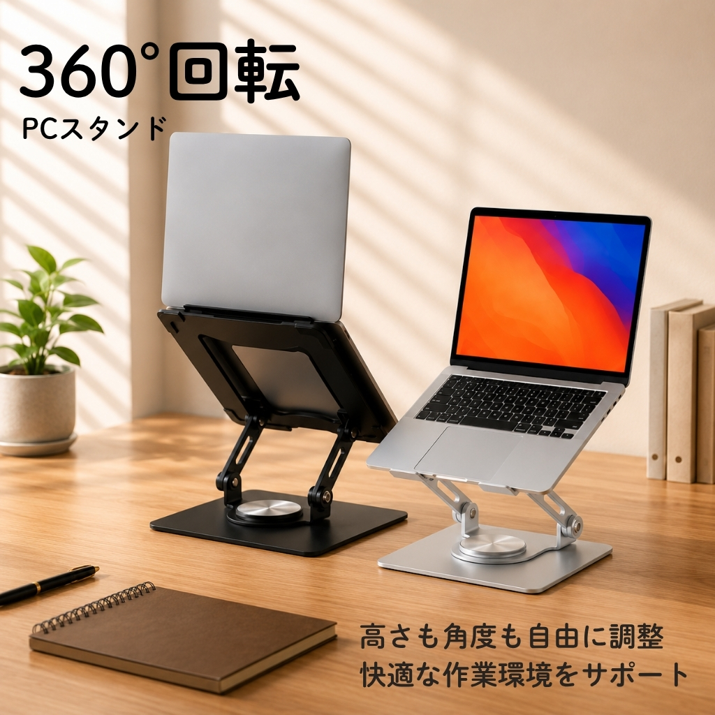 ノートパソコンスタンド 360°回転 高さ・角度調整 折りたたみ式 アルミ製｜DotLine